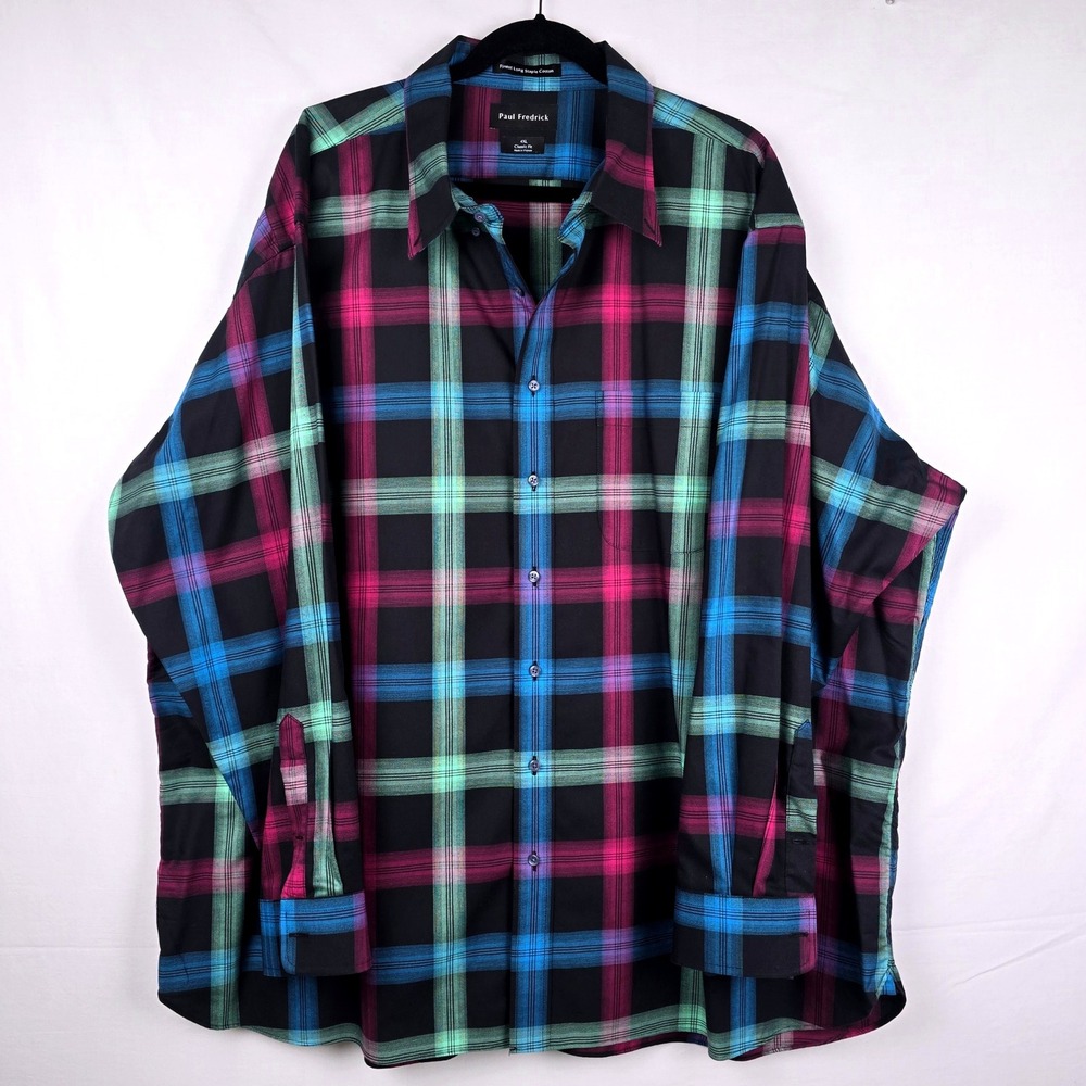 Paul Fredrick 4XL Classic Fit Plaid Button Down Shirt Long Staple Cotton Black